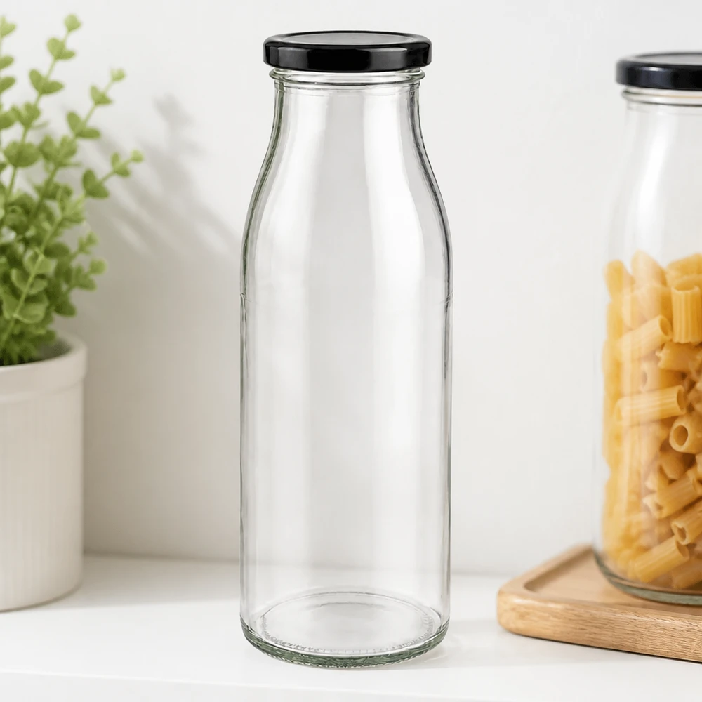 Botella de vidrio de 500 ml + tapa BasicSeal negra UNiTWIST Botella de cristal de 500 ml transparente vacía con tapa BasicSeal negra en elegante diseño de cocina con pasta y hierbas aromáticas