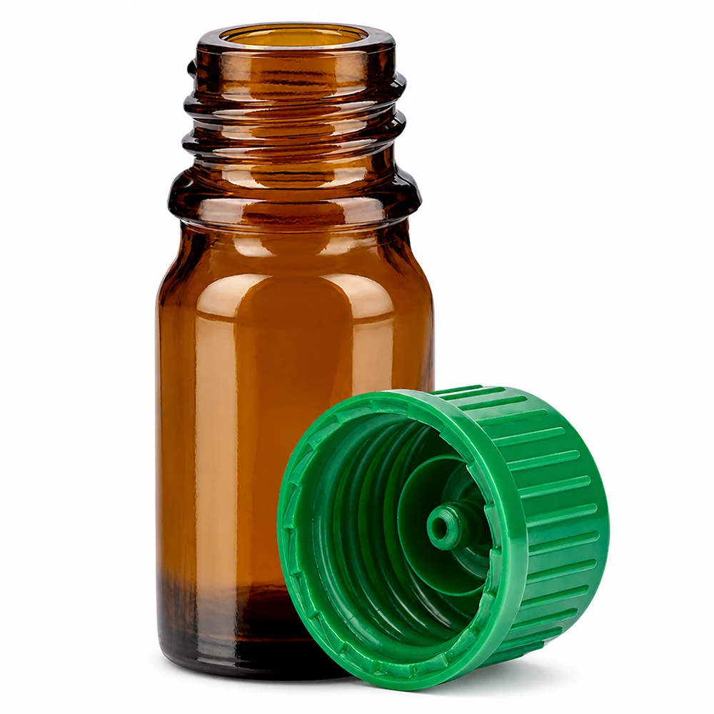 Frasco de 5 ml con tapón de rosca de 11 mm verde Estándar BrownLine UT18/5 Frasco de vidrio marrón de 5 ml con tapón verde para aromaterapia y cosmética