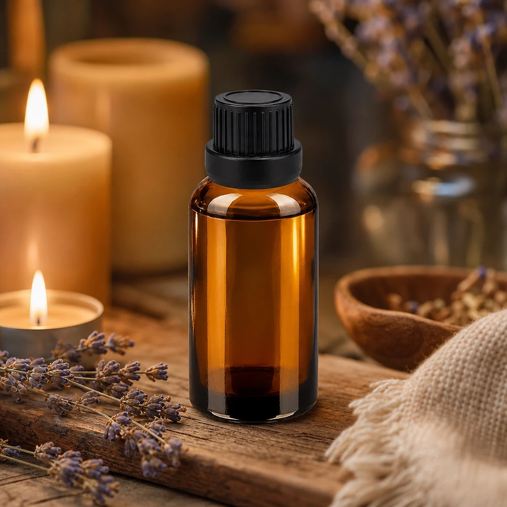 Frasco pequeño de vidrio ámbar de 30 ml con protección UV y tapón cuentagotas negro para aceites sensibles a la luz