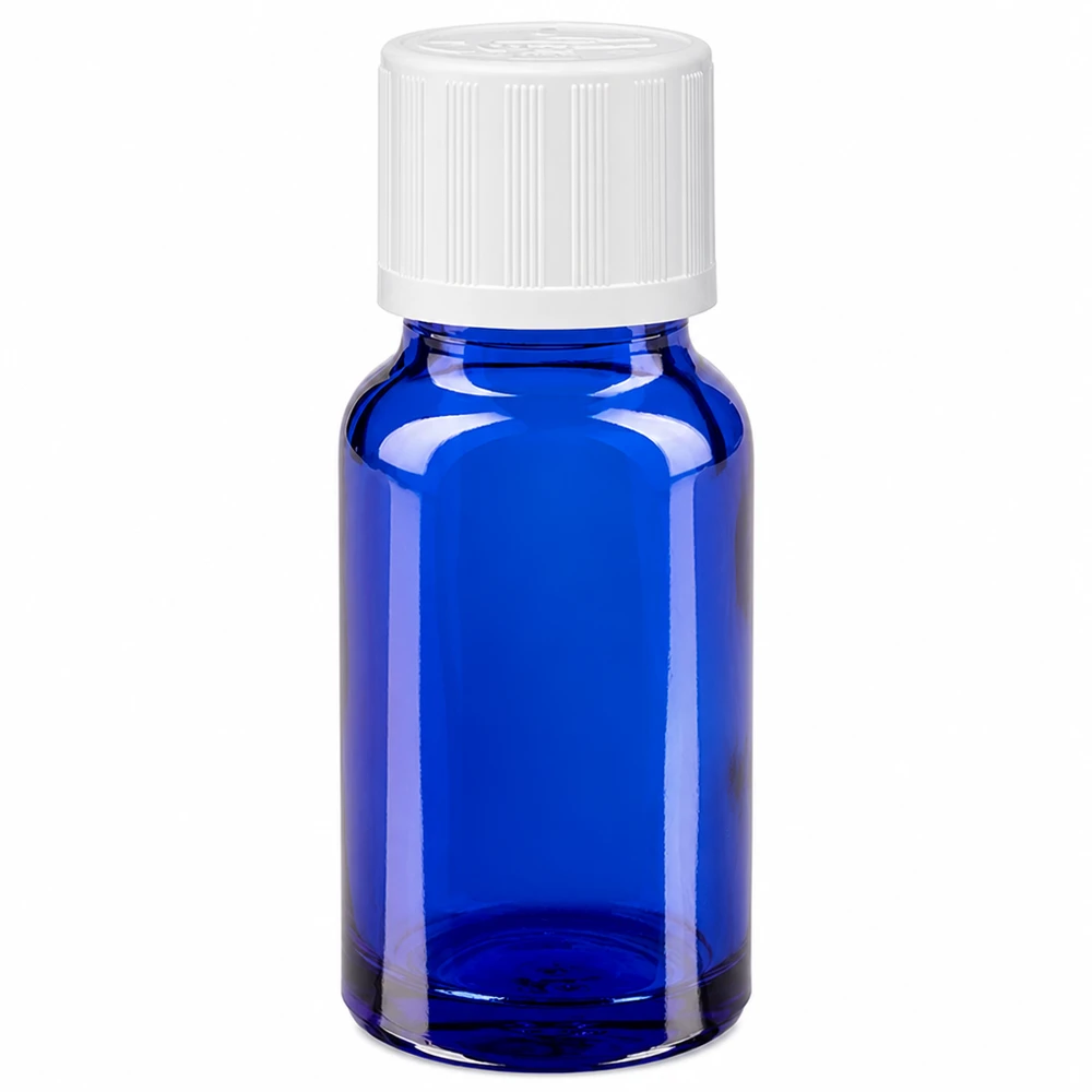 Botella de farmacia azul 10ml tapón cuentagotas blanco a prueba de niños estándar Frasco de farmacia de cristal azul de 10 ml con tapón de seguridad para niños blanco y dosificador de gotas de 1,2 mm