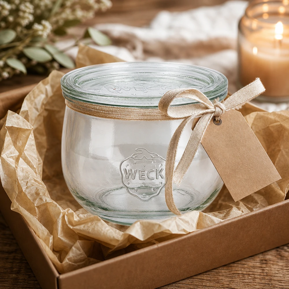Tarro tulipán WECK 580ml RR100 como idea de regalo presentado en una caja con lazo decorativo y etiqueta