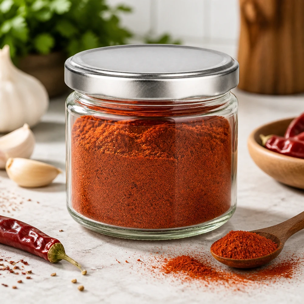 Tarro redondo de 330 ml con tapa BasicSeal lleno de pimentón en polvo en el entorno de la cocina tarro de especias recipiente de almacenamiento