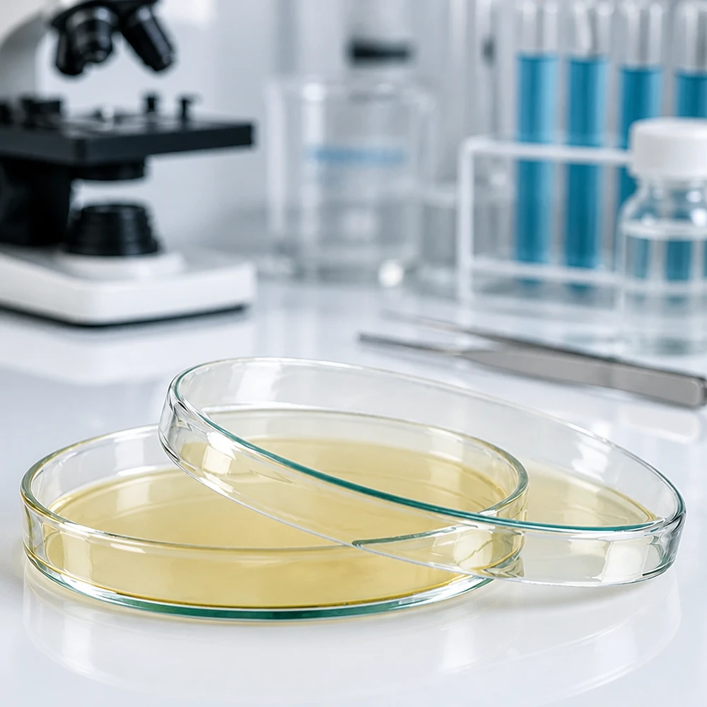 Placa de Petri de 120 x 20 mm de vidrio borosilicato transparente con agar de cultivo amarillo en el laboratorio de microbiología