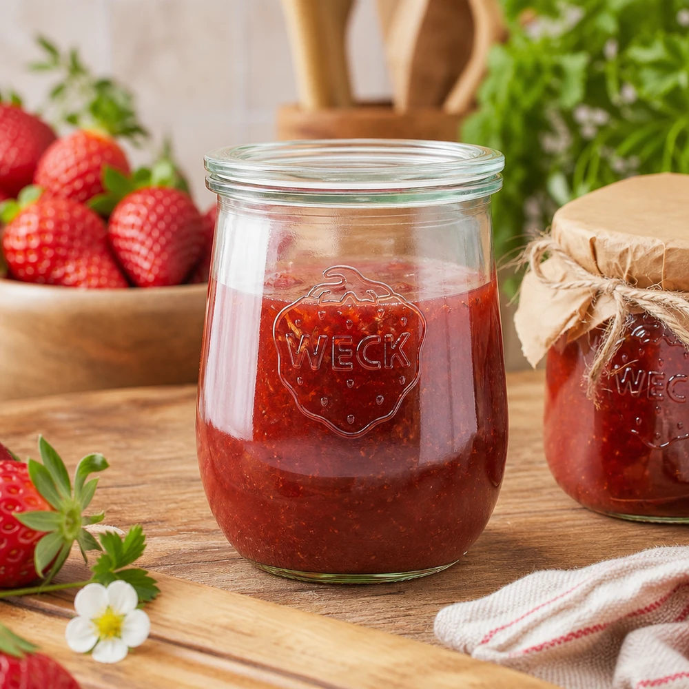 1062ml tarro tulipán con tapa de cristal WECK RR100 Tarro de conserva WECK 1062ml lleno de mermelada de fresa sobre tabla de madera junto a fresas frescas y paño de cocina.