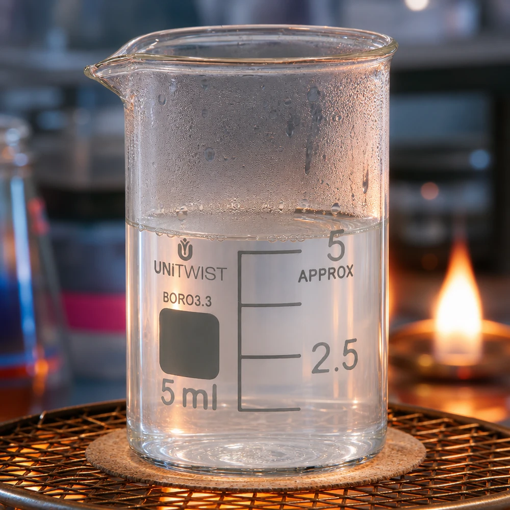 Vaso de precipitados UNiTWIST de 5 ml, de borosilicato, de perfil bajo, colocado sobre una rejilla metálica y calentado con un mechero Bunsen