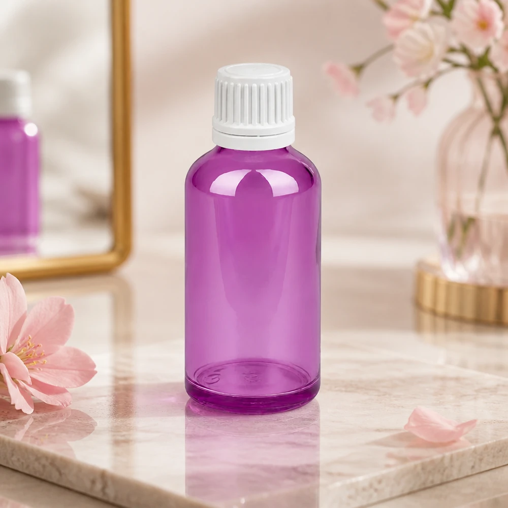 50ml botella 11mm tapón de rosca blanco Originalidad tapón de rosca PurpleLine UT18/50 Elegante frasco de 50 ml en violeta con tapón blanco para envases de cosméticos profesionales