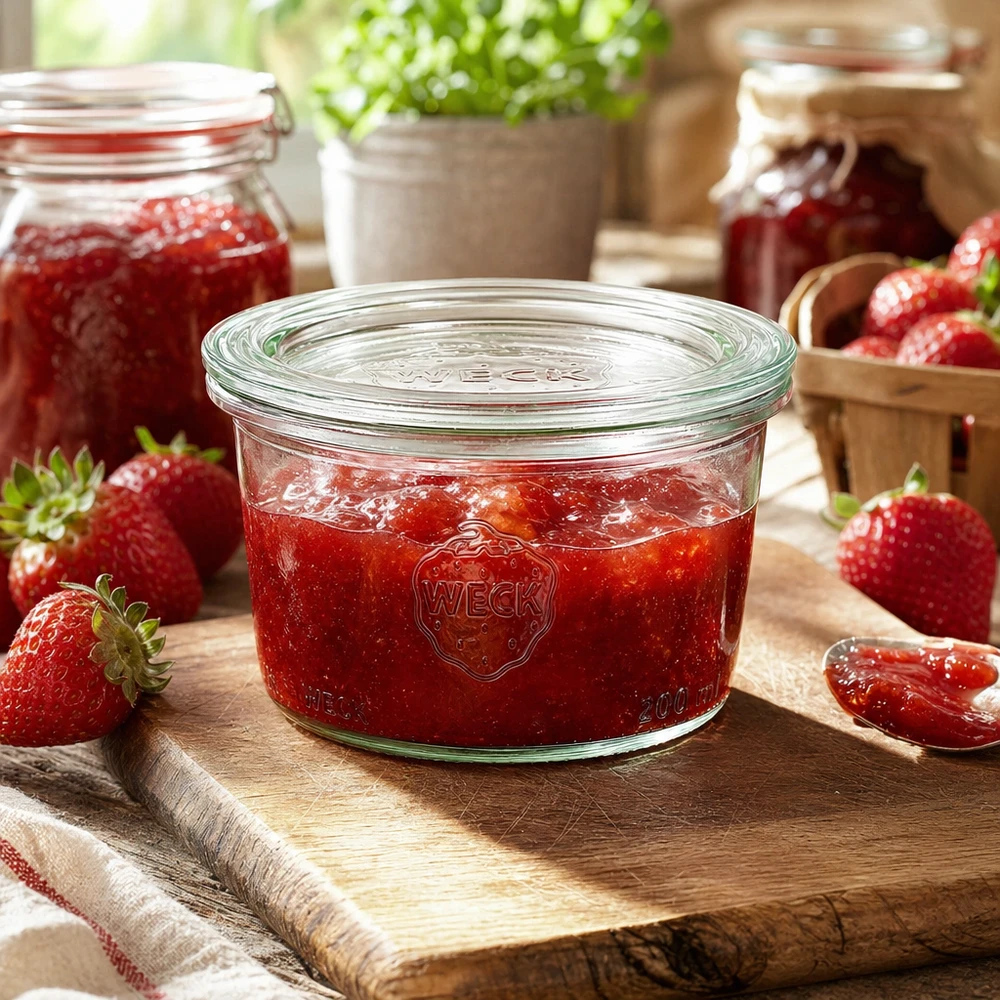 Vasos de 200 ml con tapa de vidrio WECK RR80 WECK 200ml RR80 mason jar lleno de mermelada de fresa casera sobre una tabla de madera con fresas frescas