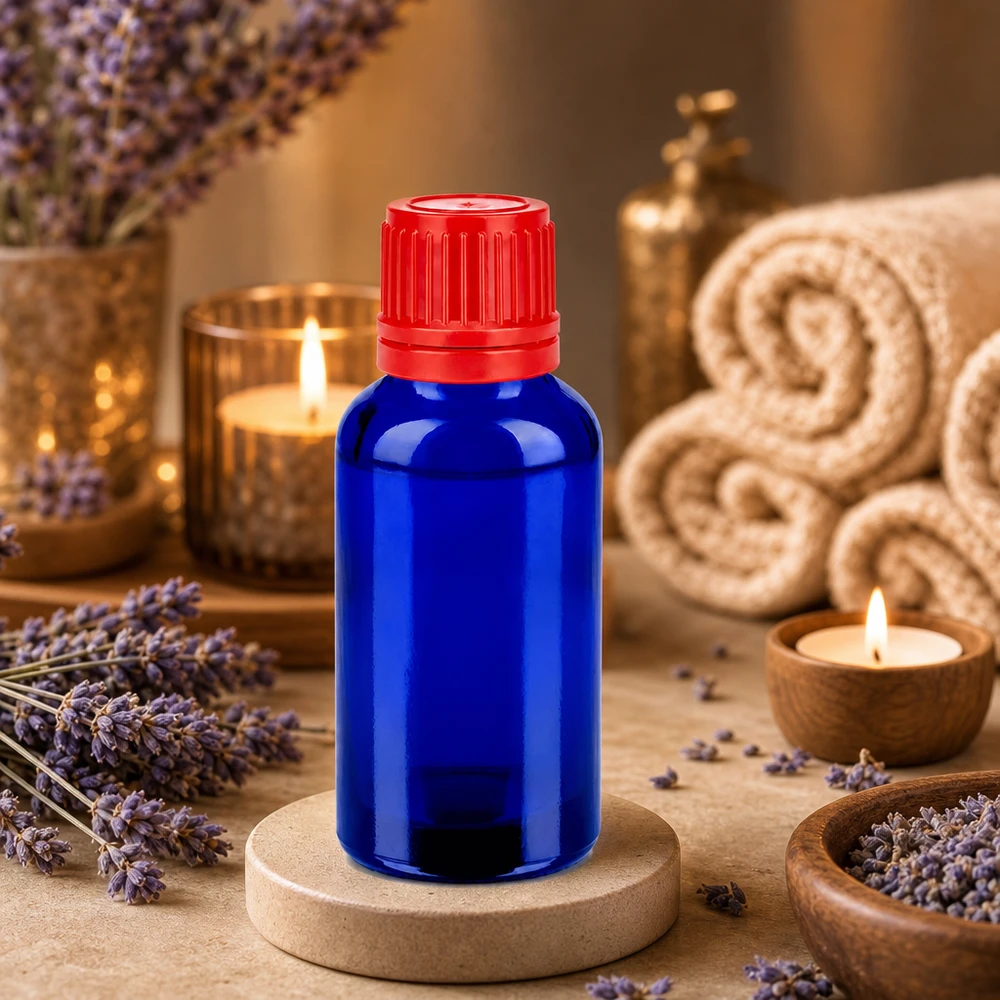 Frasco pipeta de 30 ml en azul cobalto con tapón cuentagotas rojo para aromaterapia y cosmética