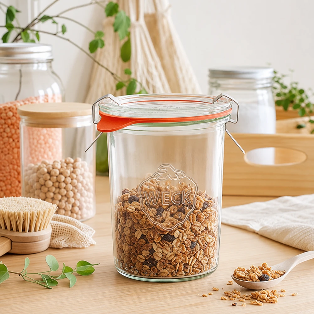 Tarro de muesli RR60 WECK de 160 ml lleno de muesli en una cocina sostenible de residuo cero para un almacenamiento respetuoso con el medio ambiente