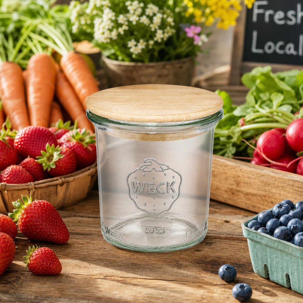 Vaso WECK RR60 de 140ml con tapa de madera WECK vasos 140ml RR60 con tapa de madera rodeado de verduras frescas fruta en mesa de madera mercado de agricultores atmósfera