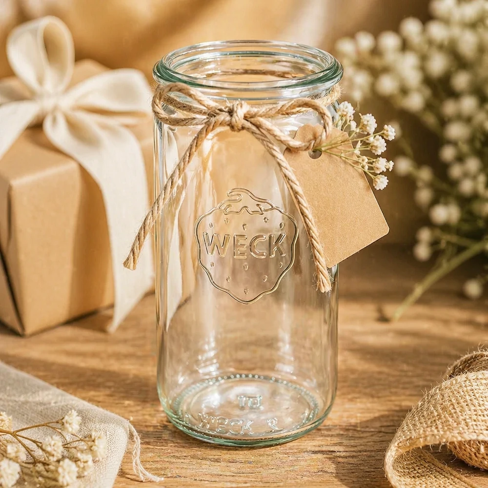 Tarro cilíndrico WECK 340ml RR60 de regalo decorado con cordón de yute y colgante en una escena decorativa rústica