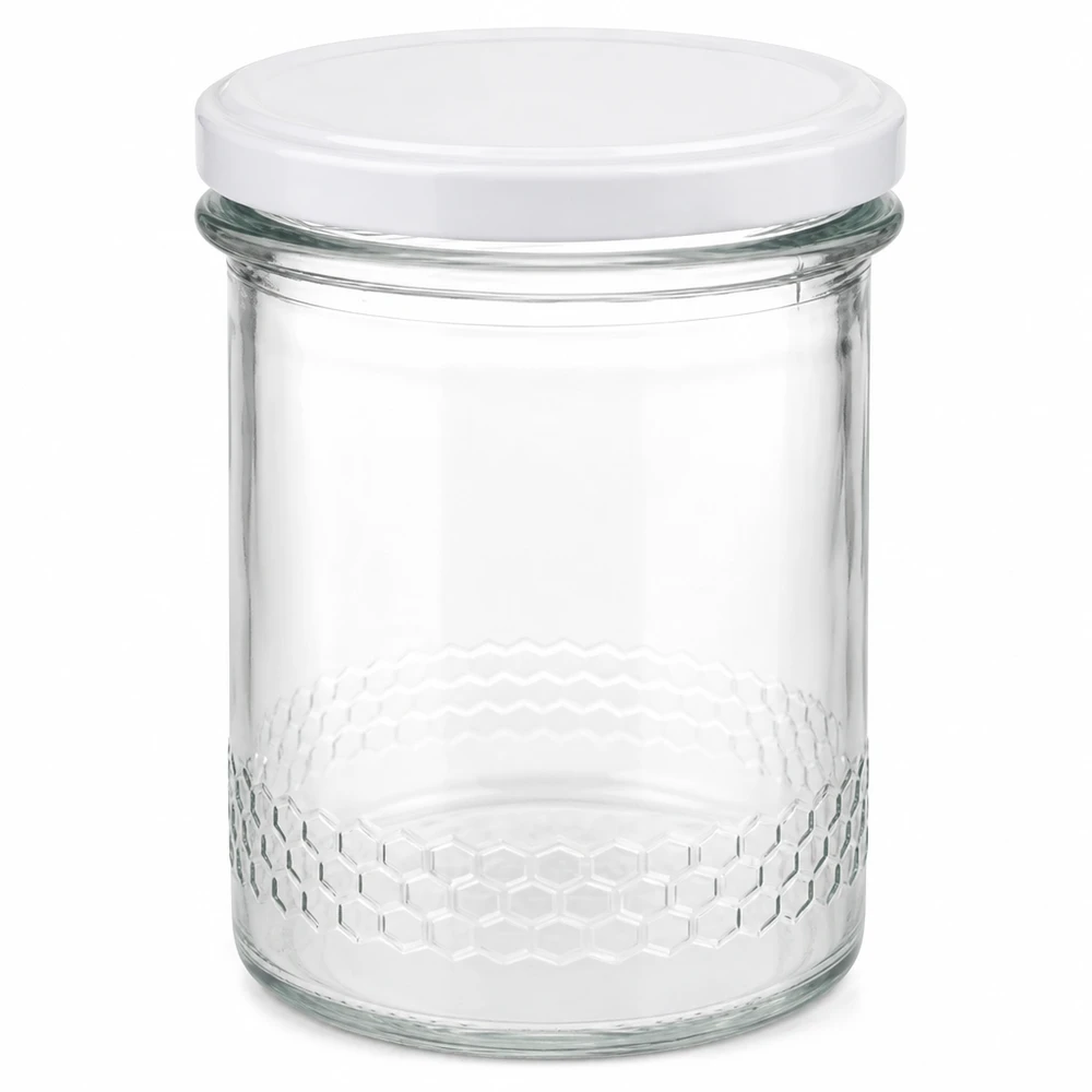 Tarro de miel de 400 ml con tapa blanca BasicSeal Sistema UNiTWIST Tarro transparente con motivo de panal en la base