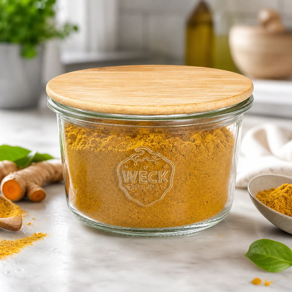 Vasos de 80ml WECK RR60 con tapa de madera WECK vasos 80ml RR60 con tapa de bambú lleno de especias cúrcuma en la cocina moderna con raíces frescas