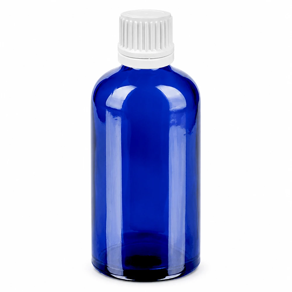 Frasco cuentagotas de 100 ml con tapón inviolable blanco de 0,7 mm BlueLine UT18/100 Frasco de vidrio azul de 100 ml con tapón cuentagotas blanco y abertura de 0,7 mm para una dosificación precisa