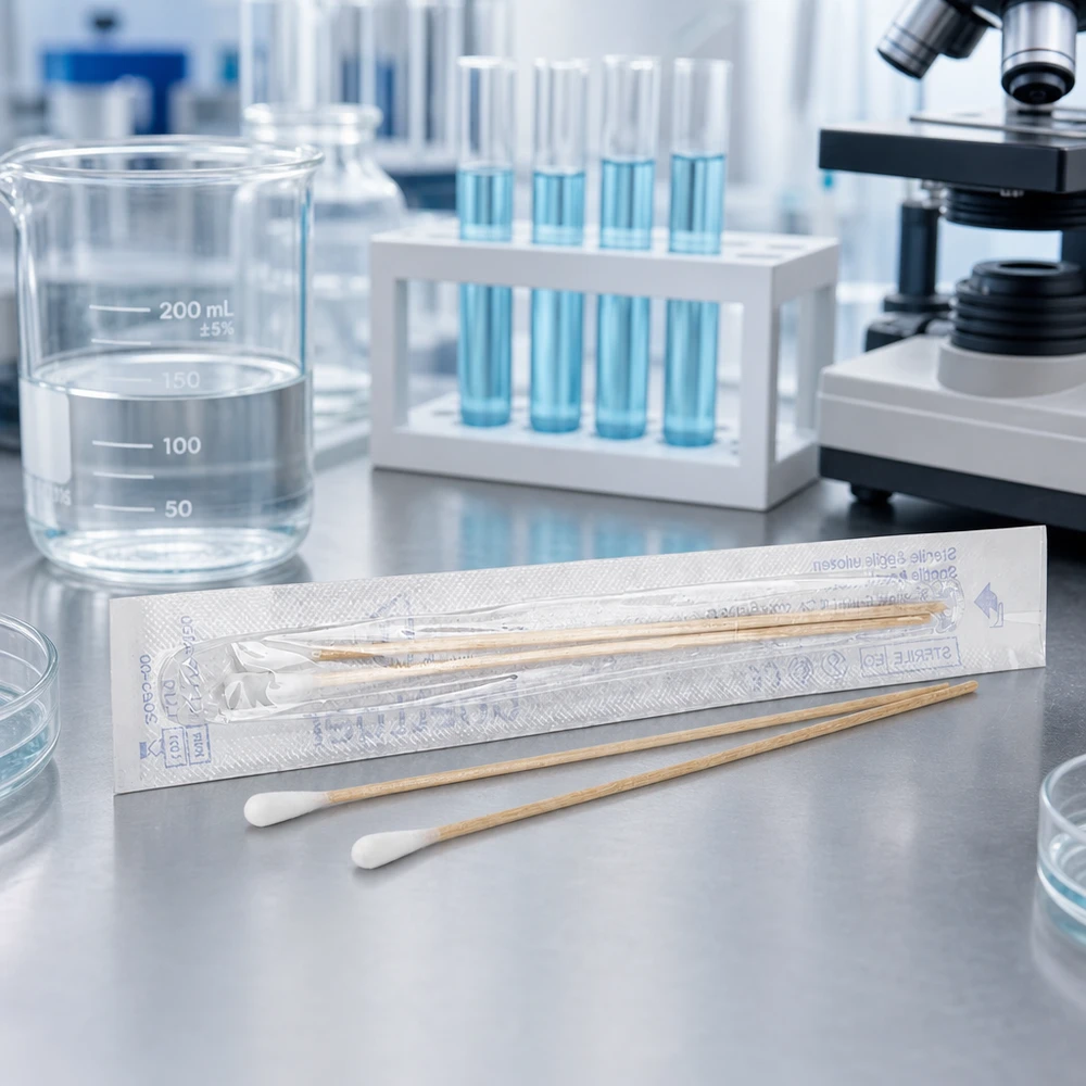 Bastoncillos estériles de laboratorio, 2 unidades, en la sala limpia junto a los tubos de ensayo y el microscopio