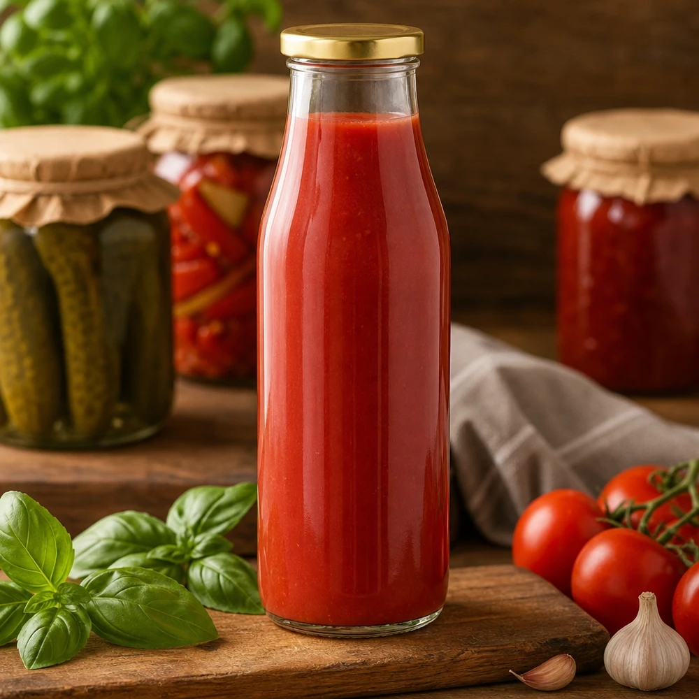 Botella de vidrio de 500ml + tapa BasicSeal dorada UNiTWIST 500ml Glasflasche mit Tomatensaft gefüllt zeigt praktische Verwendung für hausgemachte Säfte und Konserven