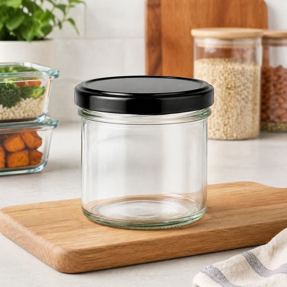 Vasos de 125ml con tapa BasicSeal negro UNiTWIST Tarro de 125 ml con tapa negra BasicSeal vacío sobre tabla de madera Entorno de cocina Tarro de almacenaje Tarro para conservas