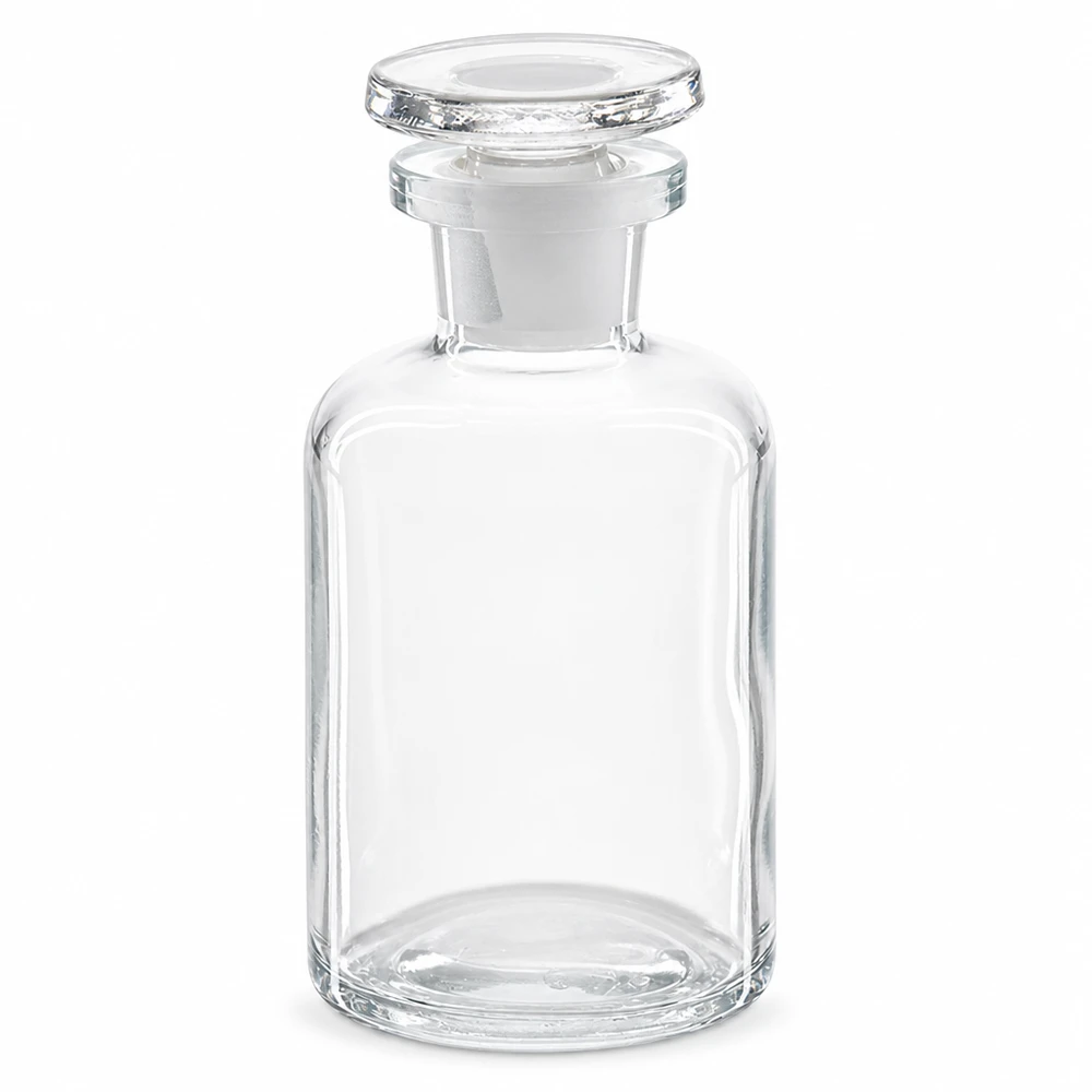 Botella de hombro redondo 50ml tapón de vidrio transparente de cuello estrecho Frasco de hombros redondeados, 50 ml, transparente, con tapón de vidrio y cuello estrecho, para laboratorio y farmacia
