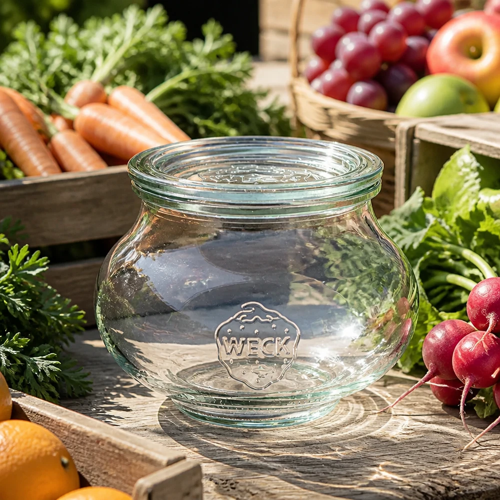 Frasco decorativo de 560 ml con tapa de cristal WECK RR80 WECK tarro decorativo 560ml RR80 con tapa de cristal transparente entre verduras frescas zanahorias rábanos y frutas