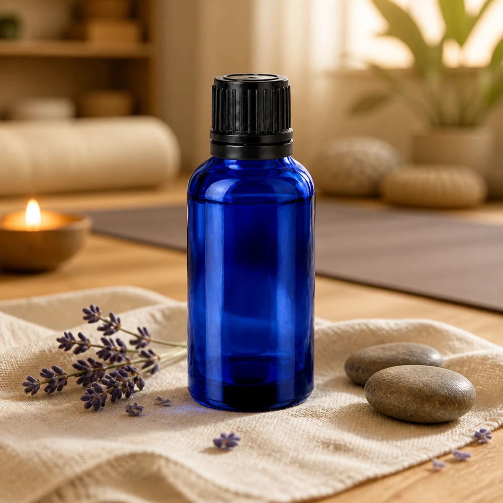 Frasco de cristal BlueLine de 30 ml con tapón cuentagotas para dosificar con precisión los aceites esenciales