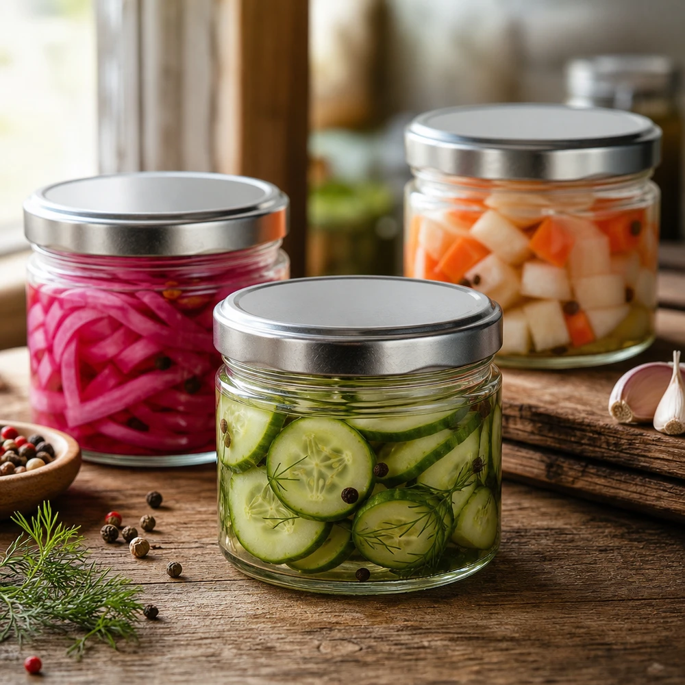 540ml tarro redondo + tapa BasicSeal plata mate UNiTWIST Tarros redondos de 540 ml con tapa plateada para conservar verduras en escabeche, pepinos y cebollas