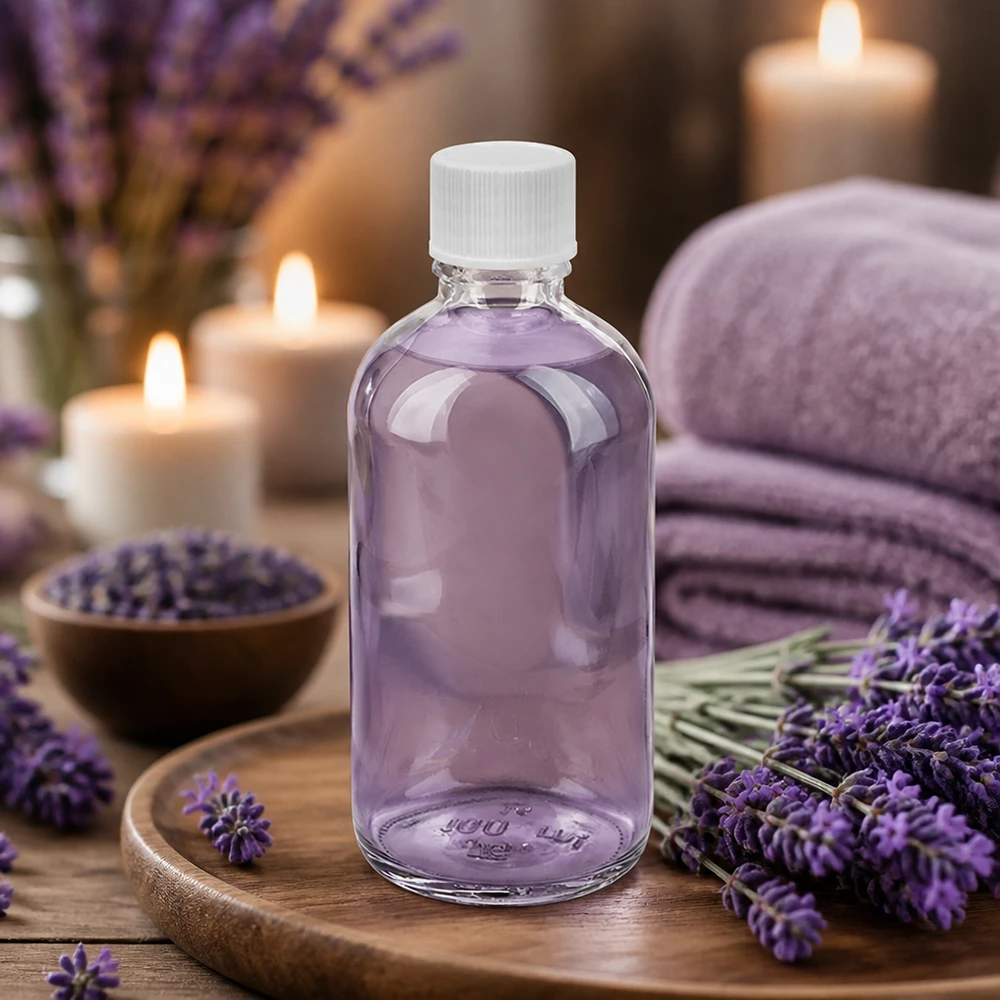 Botella de 100 ml con tapón de rosca de 11 mm blanco ClearLine estándar UT18/100 Aceite aromático de lavanda en frasco de cristal transparente de 100 ml con tapón blanco, serie UT18 ClearLine