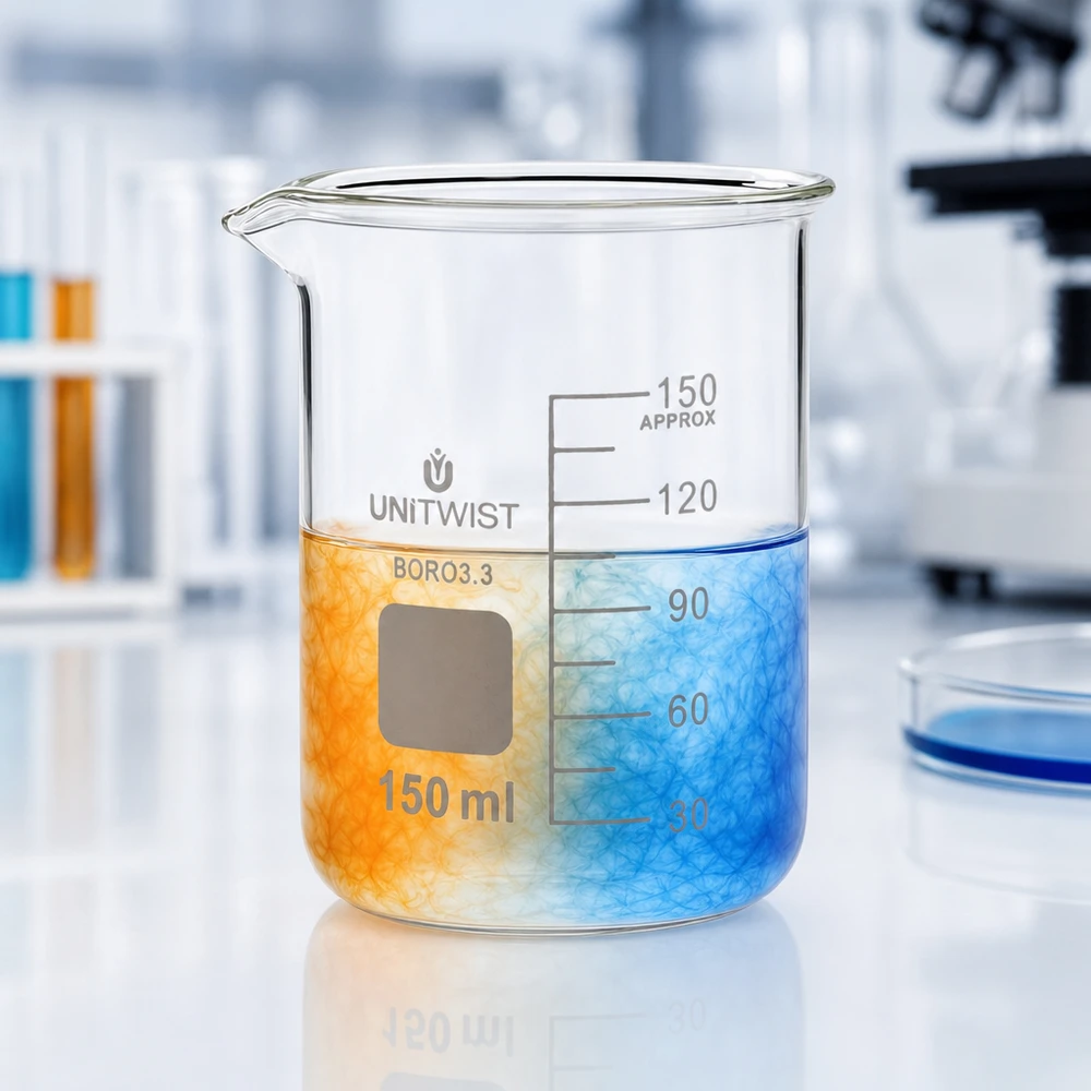 Vaso 150 ml borosilicato, molde bajo UNiTWIST Vaso de precipitados UNiTwist de 150 ml, de perfil bajo, de borosilicato 3.3, con una mezcla de colores naranja y azul