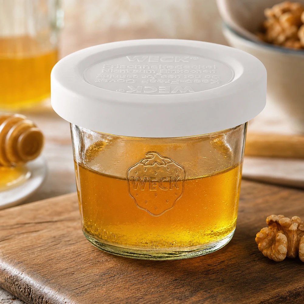 Vasos RR40 WECK de 35 ml llenos de miel y tapa blanca, decorados con nueces sobre una base de madera