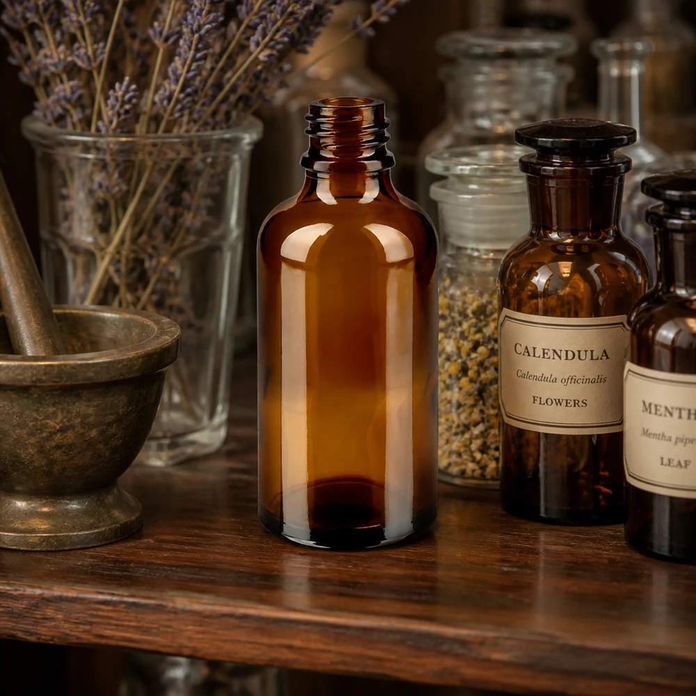 Frasco de farmacia marrón ApoGlas de 50 ml entre frascos de caléndula y lavanda en un taller de hierbas medicinales tradicionales