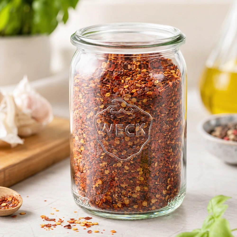 WECK RR40 tarro 145ml lleno de chile rojo en escamas sobre una encimera de cocina blanca con ajo y aceite