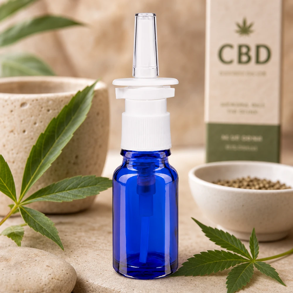 Frasco compacto de 10 ml para spray nasal, de color azul cobalto, con productos de CBD y hojas de cáñamo