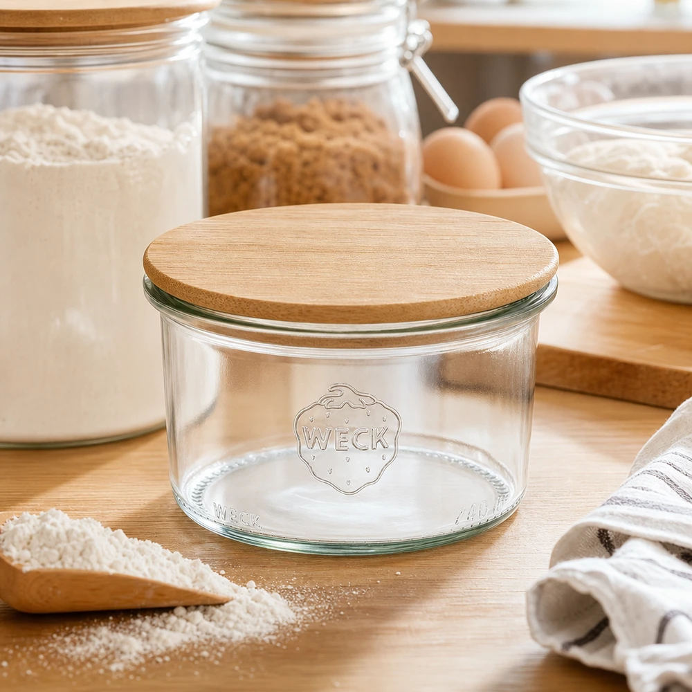 Vaso de 200ml WECK RR80 con tapa de madera WECK Sturzglas 200ml RR80 mit Holzdeckel in natürlicher Küchenumgebung zwischen Backzutaten und Vorratsgläsern