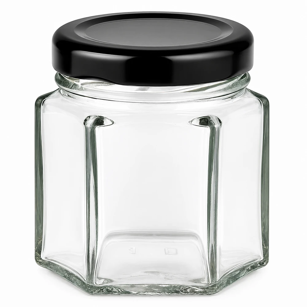 Tarro de cristal hexagonal de 47 ml con tapa BasicSeal negra - tarro de cristal hexagonal para alimentos y almacenamiento