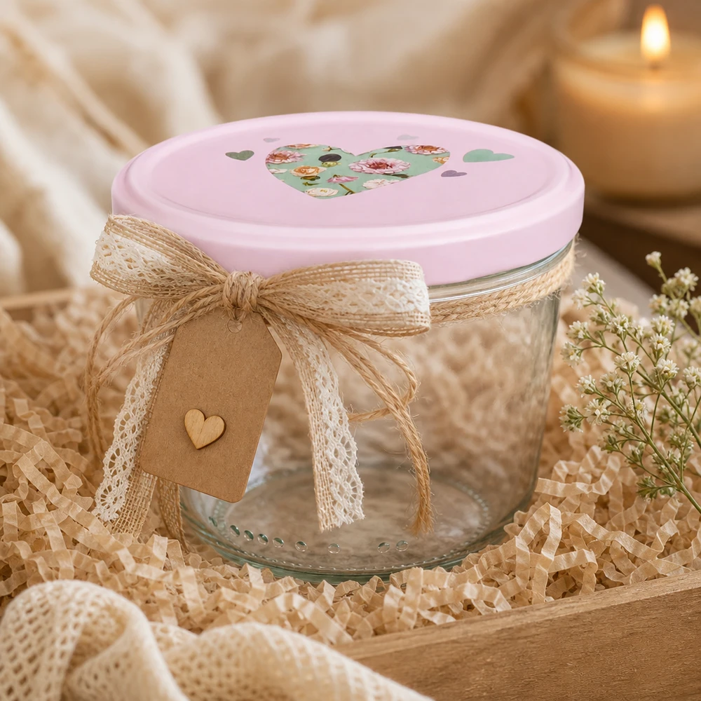 Vasos de 230 ml + tapa BasicSeal rosa corazón UNiTWIST Sturzglas 230ml mit rosa Herz-Deckel dekorativ mit Juteschleife und Geschenkanhänger als Geschenkverpackung arrangiert