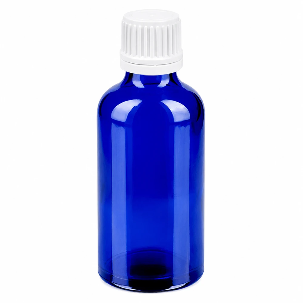 Botella 50ml tapón rosca 11mm blanco cierre inviolable BlueLine UT18/50 Frasco de vidrio azul de 50 ml con tapón de rosca blanco para cosméticos y productos farmacéuticos