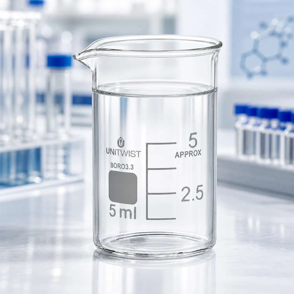 Vaso de precipitados transparente de 5 ml UNiTWIST, borosilicato 3.3, de perfil bajo con escala blanca