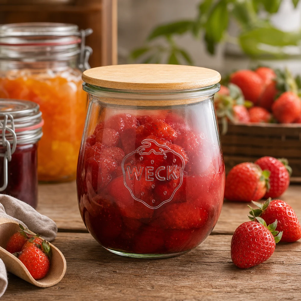 WECK tarro tulipán 220ml con tapa de madera lleno de mermelada de fresa - tarro de conserva para mermeladas y cremas para untar