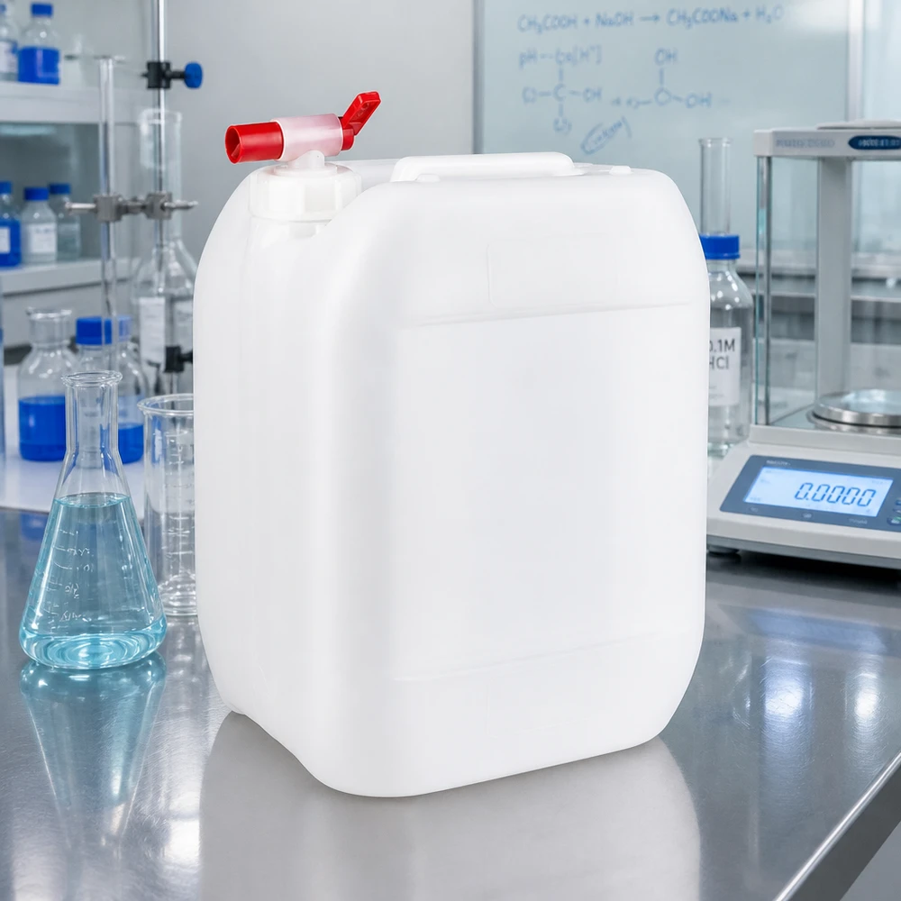 Bidón 10 litros con grifo de vaciado Bidón rectangular de plástico de 10 litros con grifo rojo en un entorno de laboratorio profesional