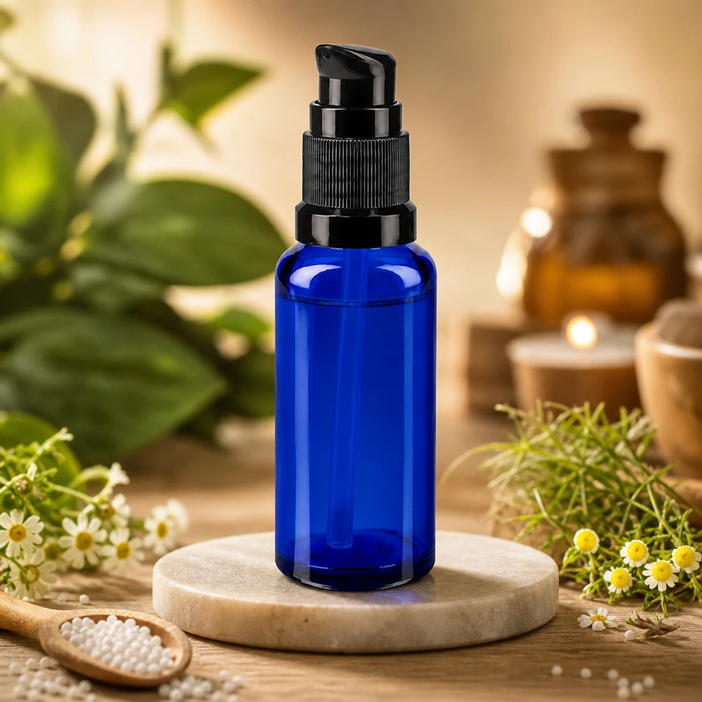 Frasco de cristal ApoGlas de 30 ml de color azul cobalto con tapón negro, decorado con flores de manzanilla