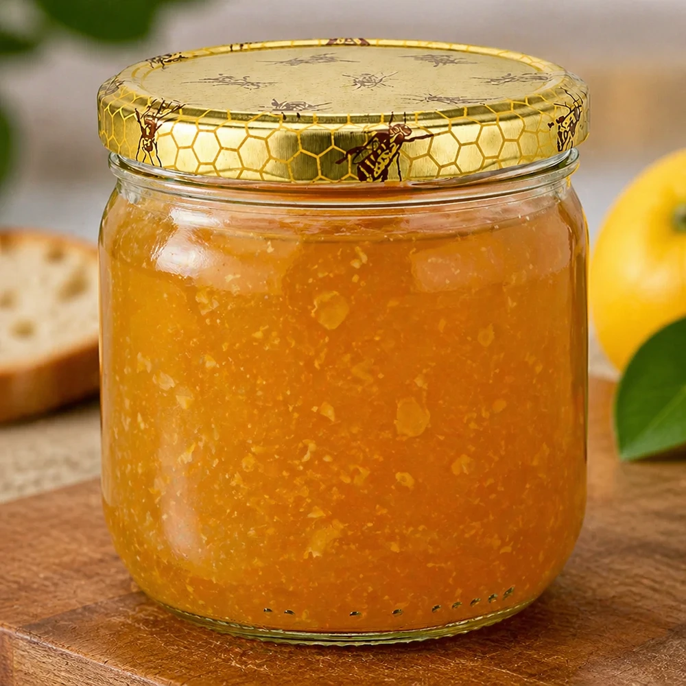 Tarro para miel de 500 g con tapa con diseño de panal BasicSeal UNiTWIST Tarro de miel de 500 g con miel cremosa y tapa de panal junto a la naranja sobre una base de madera