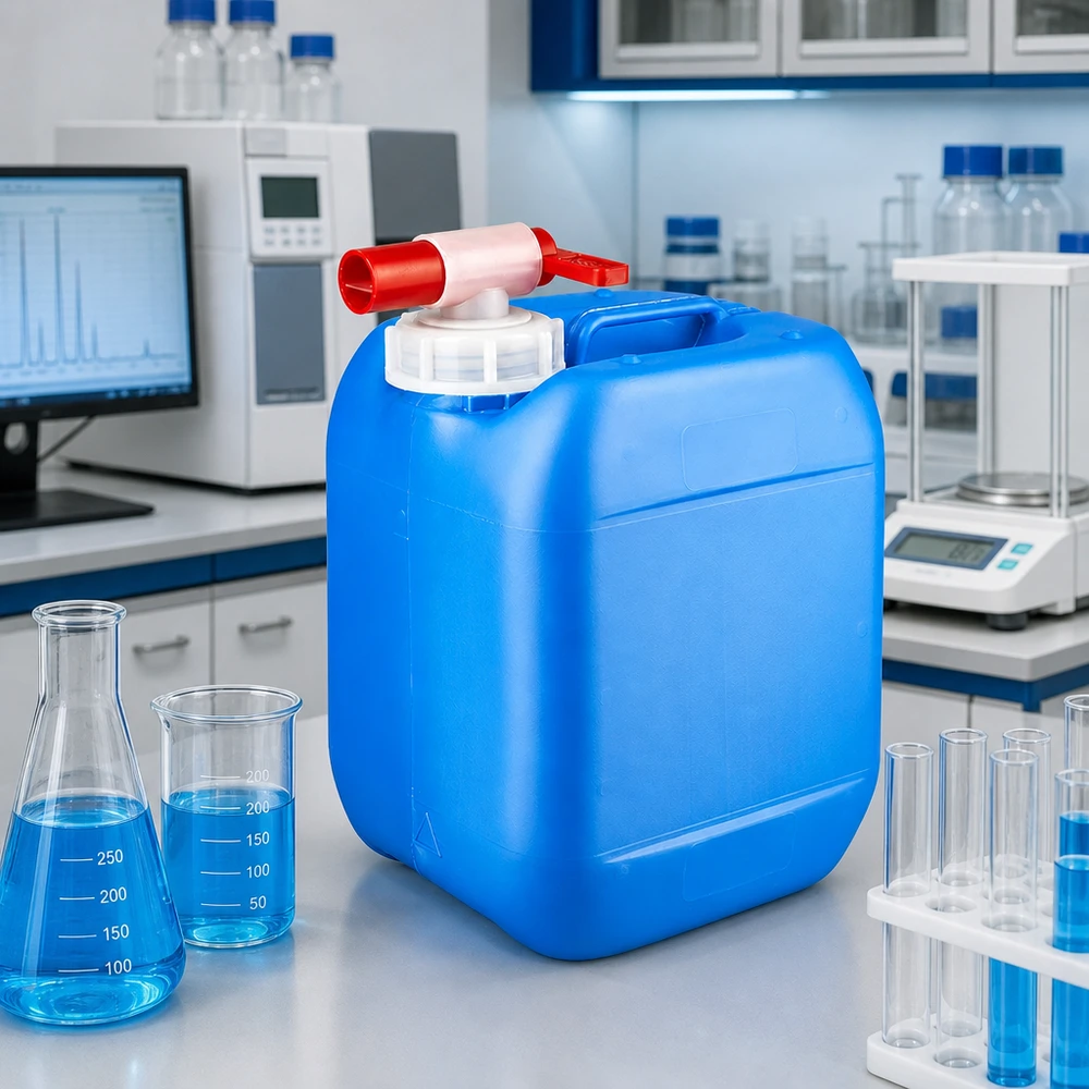 Bidón de plástico azul de 5 litros con grifo de salida en un entorno de laboratorio, junto a un matraz de Erlenmeyer y un vaso de precipitados