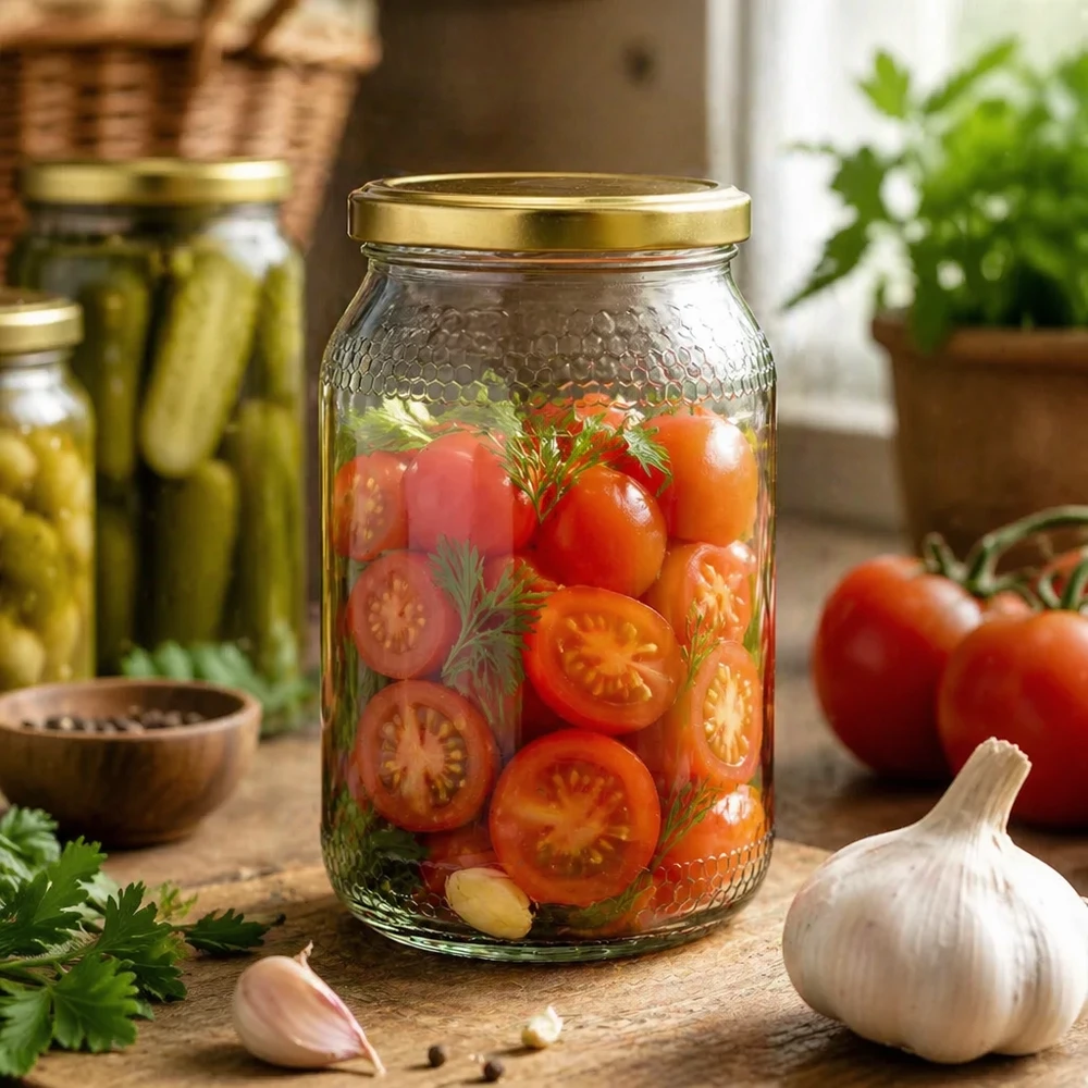 Tarro para miel de 1260 g con tapa dorada BasicSeal UNiTWIST Tarro de miel de 900 ml como tarro de conserva para tomates en escabeche - tapa dorada UNiTWIST uso versátil