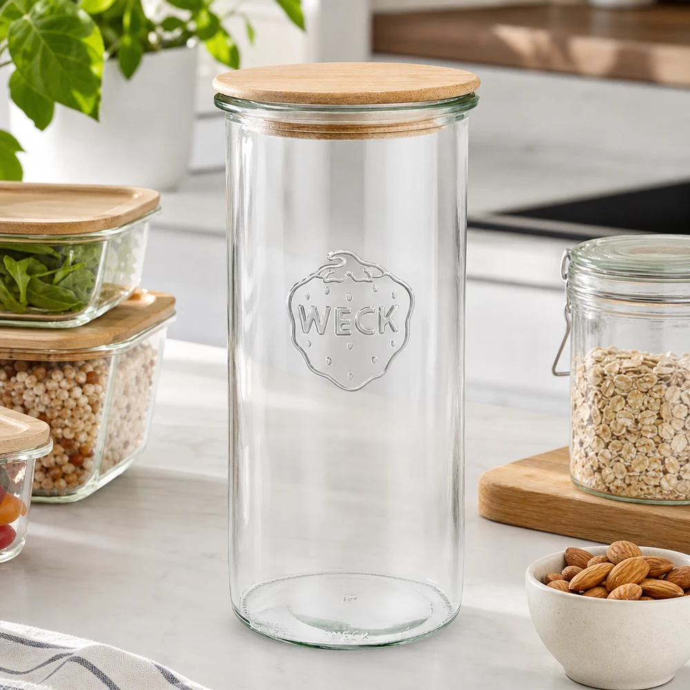 WECK 1500ml RR100 tarro de almacenamiento vacío con tapa de madera en una cocina moderna rodeado de tarros de almacenamiento llenos con frutos secos