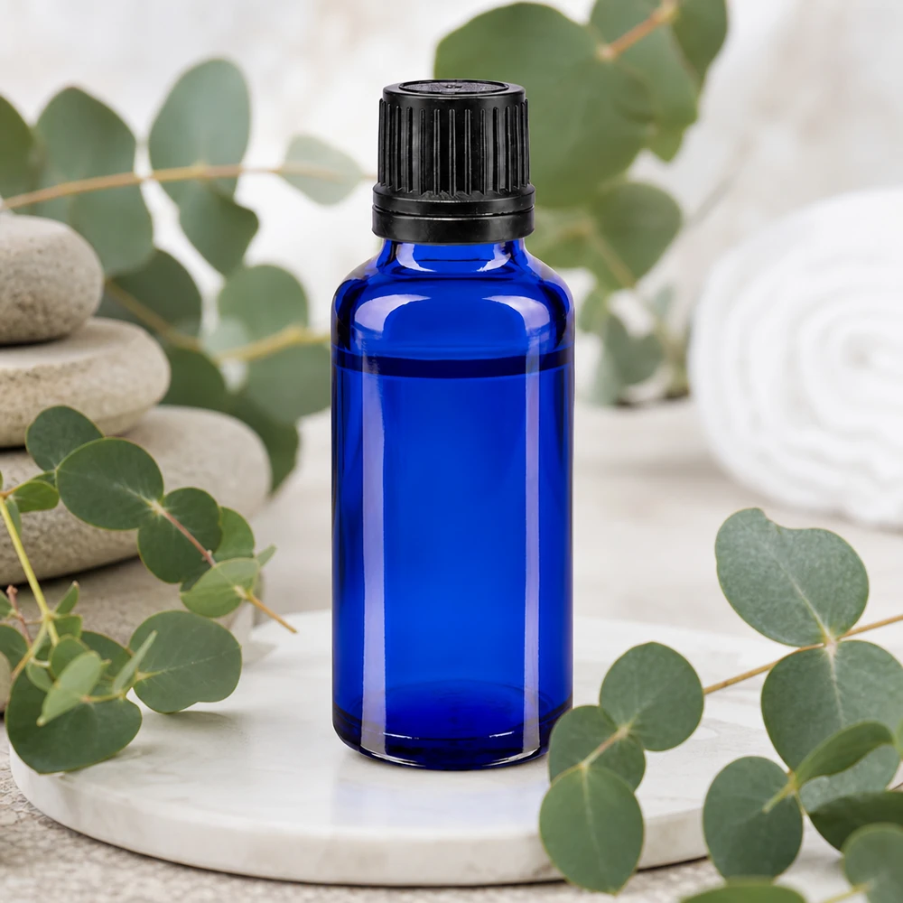 Frasco de cristal azul cobalto de 30 ml con abertura para gotero de 1 mm y tapón de seguridad negro