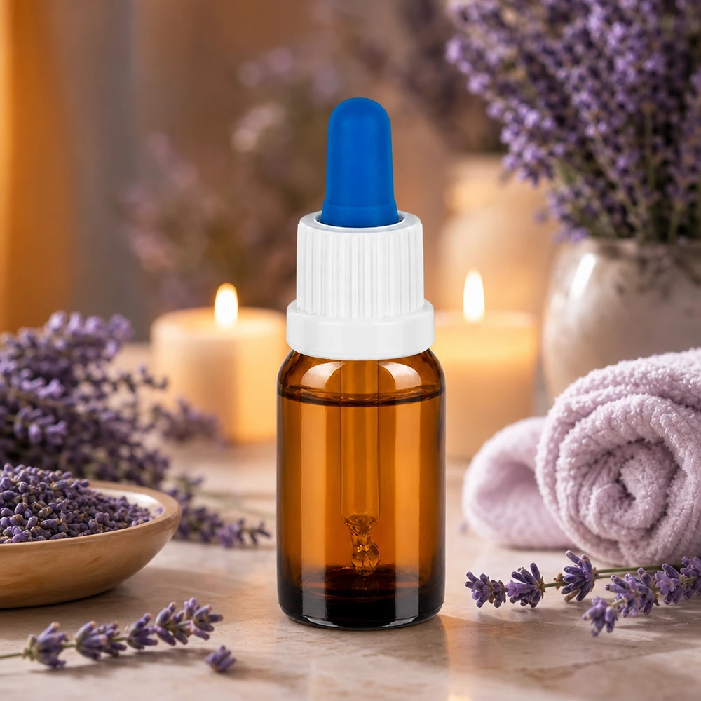 Frasco de farmacia de 10 ml de vidrio ámbar con protección UV, tapón de rosca blanco y punta de pipeta azul