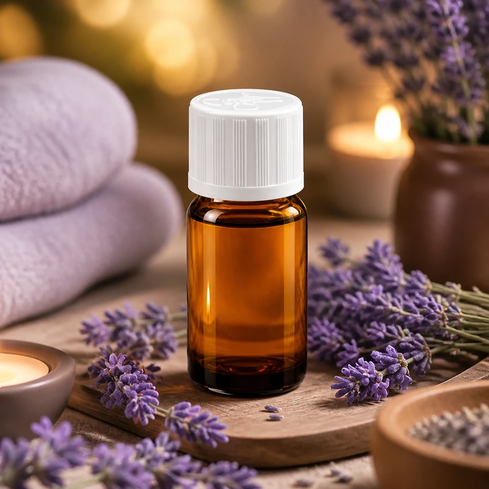 Frasco de aromaterapia de 5 ml de vidrio marrón con tapón blanco ideal para aceite de lavanda y bienestar