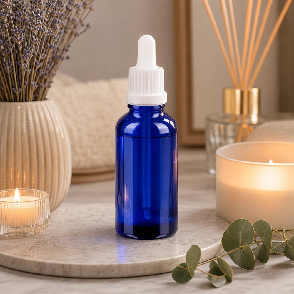 Frasco pipeta 30ml cierre inviolable blanco BlueLine UT18/30 Frasco pipeta BlueLine UT18 de 30 ml de vidrio de cobalto de alta calidad para la protección UV de productos cosméticos