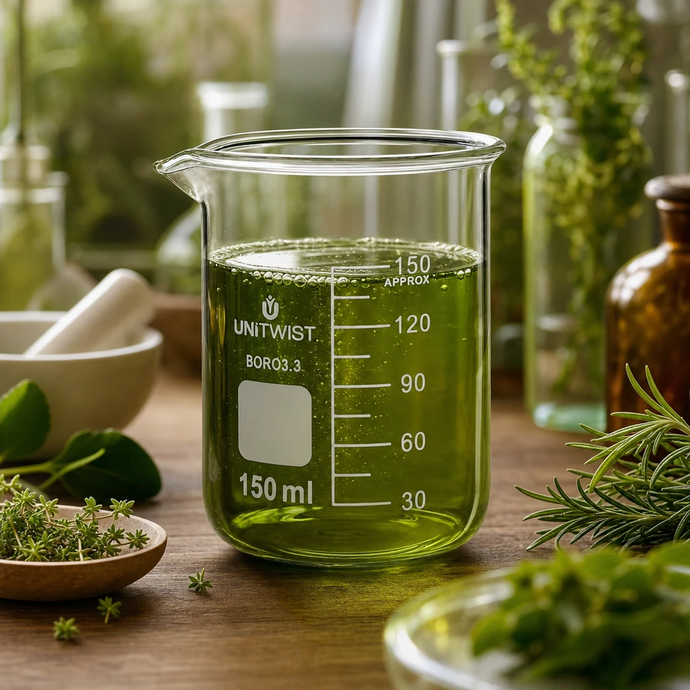 Vaso 150 ml borosilicato, molde bajo UNiTWIST Vaso de precipitados UNiTwist de 150 ml, de borosilicato 3.3, de forma baja, con extracto de hierbas verde