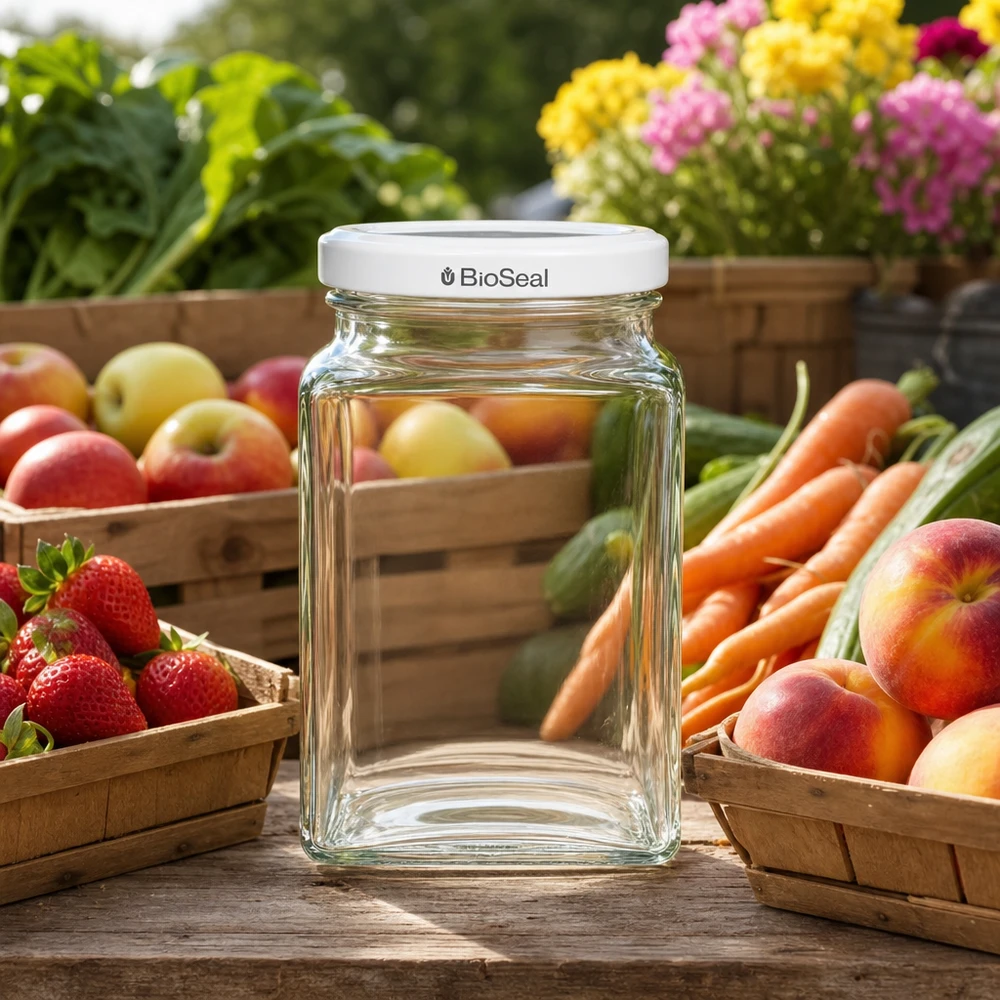 UNiTWIST Tetra260 mason jar vacío sobre mesa de madera con fruta fresca verduras blanco TO58 BioSeal tapa jardín al aire libre