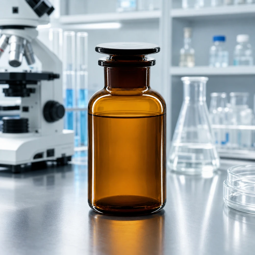 Botella de hombro redondo 250ml marrón cuello ancho tapón de vidrio Frasco de vidrio ámbar de farmacia de laboratorio de 250 ml, de cuello ancho y con tapón de vidrio, junto a un microscopio y un matraz de Erlenmeyer